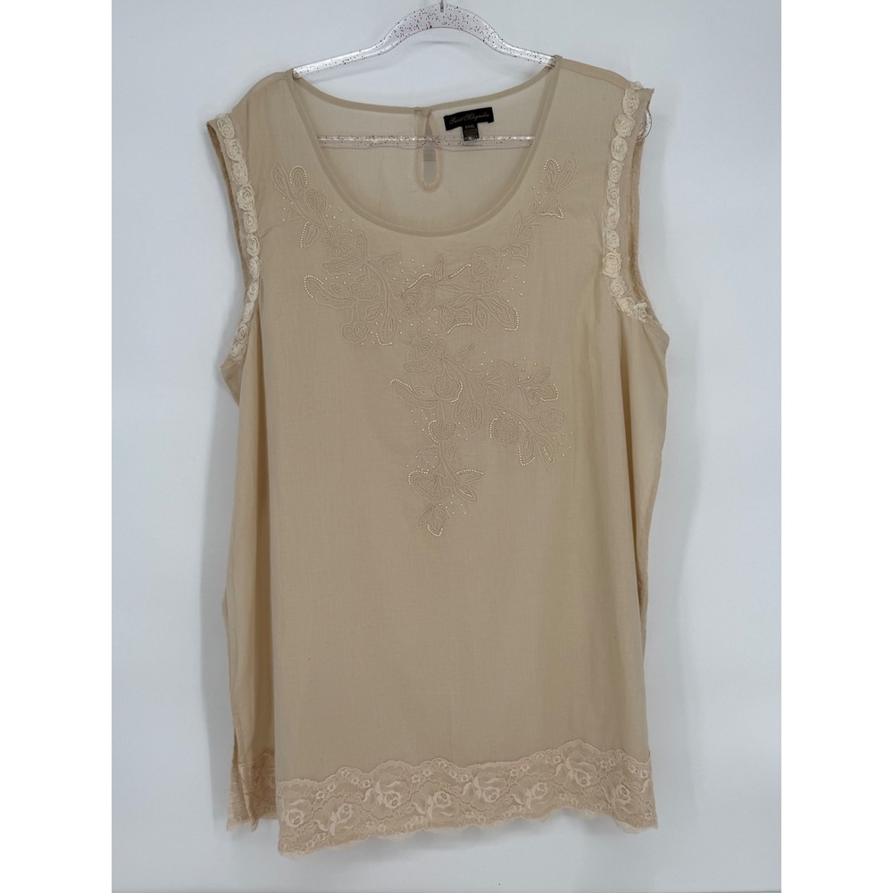 Sweet Magnolia Sz XXXL Lace Trim Embellished Tunic Top Beige Sleeveless Women's